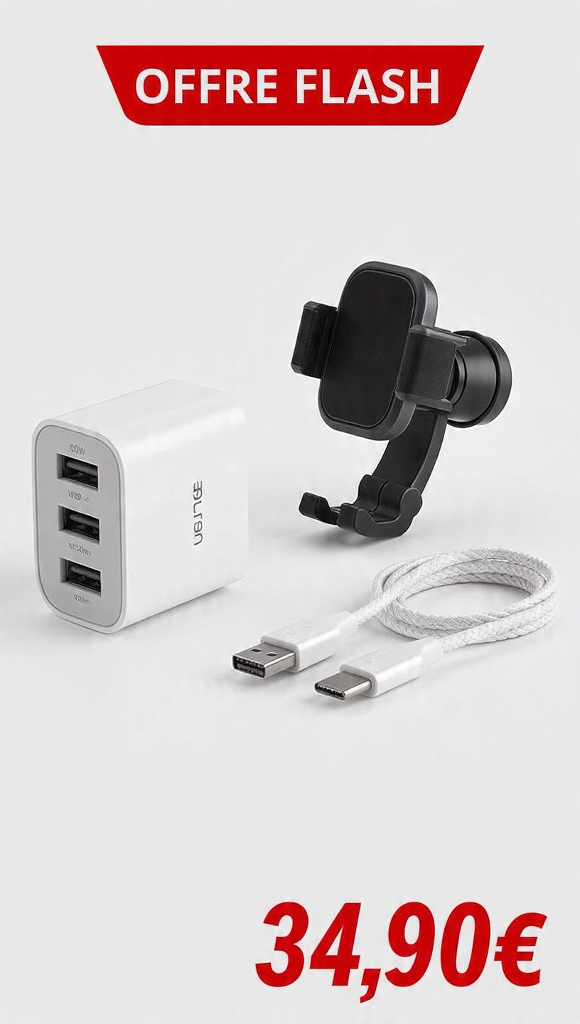 🔥 OFFRE FLASH 48H 🔥 PACK ULTIME à 34.90€ au lieu de 39.90€ Chargeur + Support + Câble OFFERT